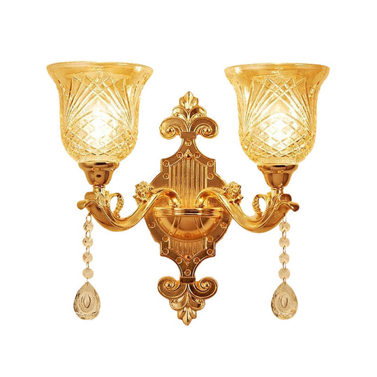 European Gold Textured Crystal Wall Sconce: 2-Light Dome/Flower Up Lamp Fixture