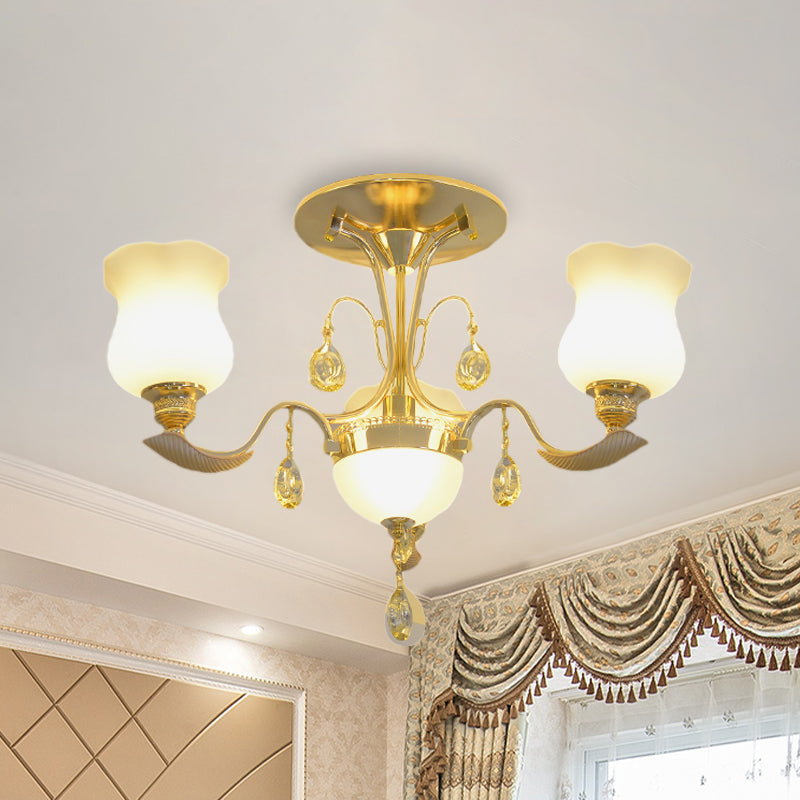 Tulip Flower Semi Flush Gold Ceiling Light For Modern Bedrooms - 3 - Light Milk Glass