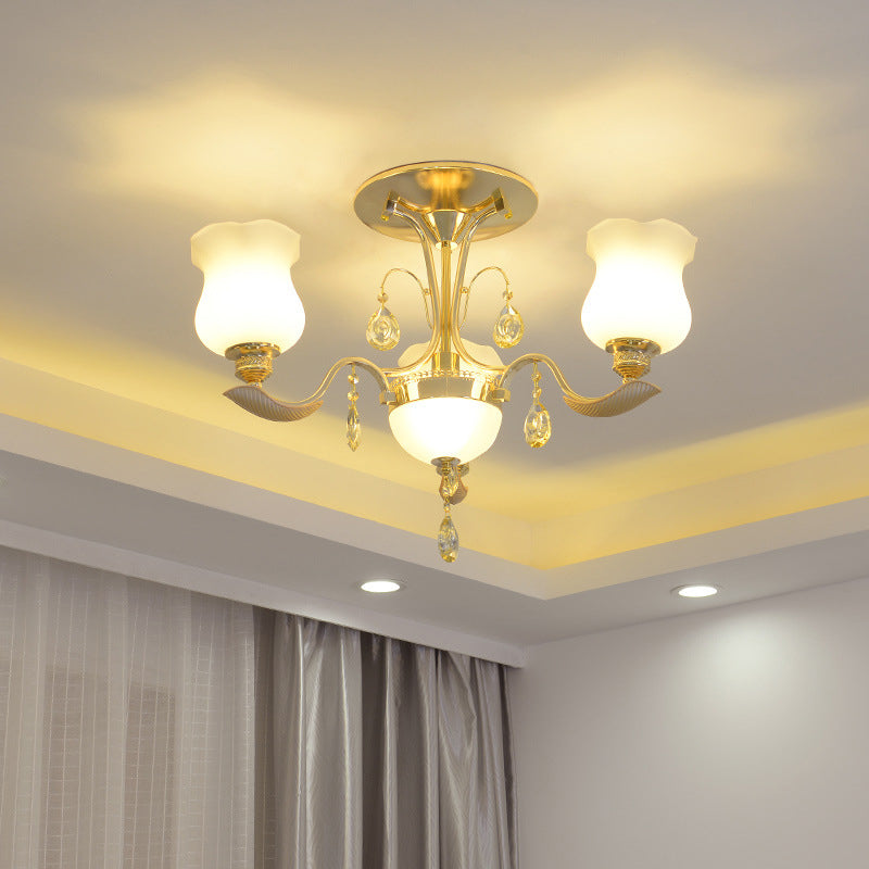 Tulip Flower Semi Flush Gold Ceiling Light For Modern Bedrooms - 3 - Light Milk Glass