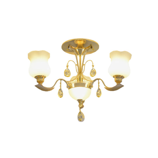 Tulip Flower Semi Flush Gold Ceiling Light For Modern Bedrooms - 3 - Light Milk Glass