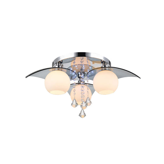 Modern Cream Glass Ball Dining Room Semi Flush Light With Crystal Diamond Accents - 3 - Bulb Chrome