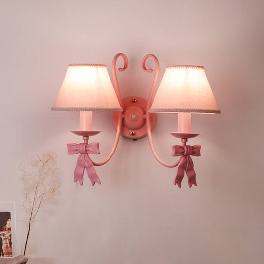 Macaron Pink Bow Wall Lamp With Fabric Shade - Bedroom Mounted Light 2 /
