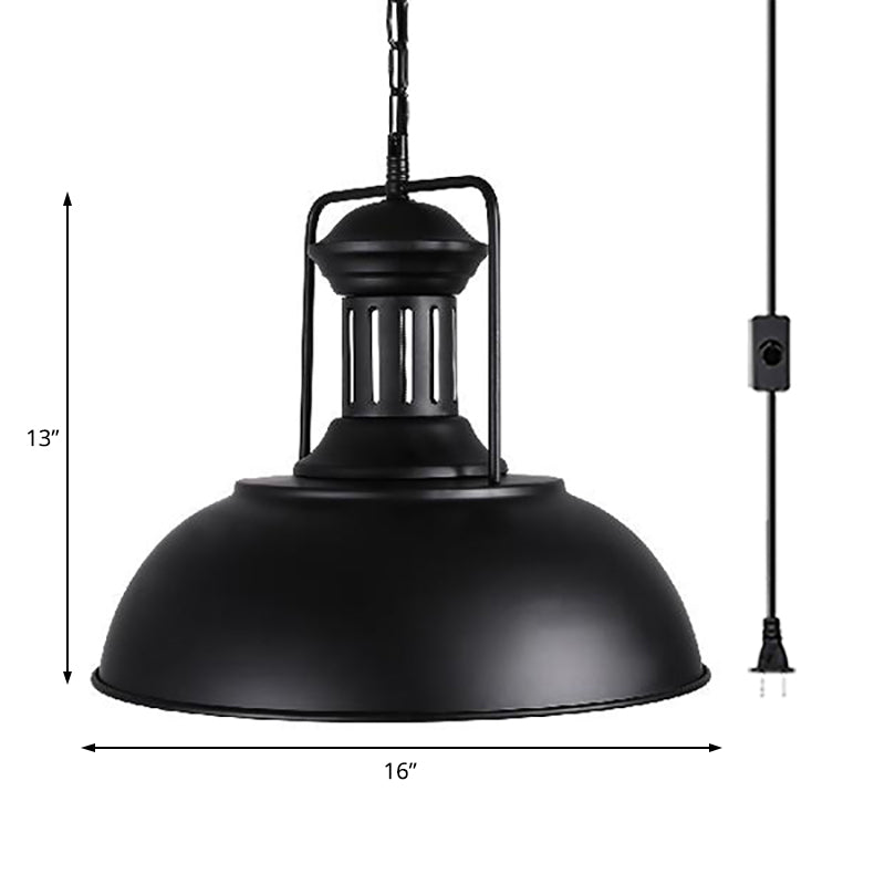 Industrial Black Metal Hanging Pendant Light With Bowl Shade - 1 Head Plug In Suspension