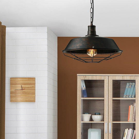 Rust Finish Retro Barn Pendant Lamp With Wire Guard - Ideal For Living Room Ceilings