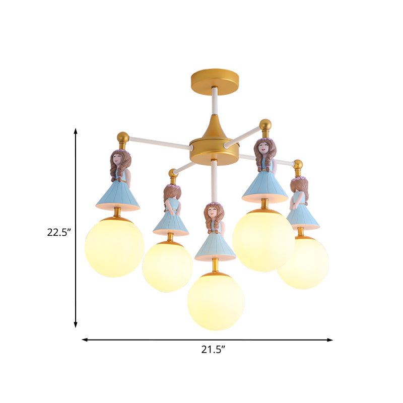 Cartoon Girl Flush Mount Ceiling Light: Blue Resin 5 - Bulb Kids Bedroom Fixture With White Glass