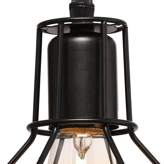Retro Loft Black Metal Hanging Ceiling Light With Globe Cage Shade - Plug-In Suspension