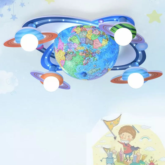 Modern Blue Wood Globe Ceiling Mount Light With Four Heads - Perfect For Baby Bedroom