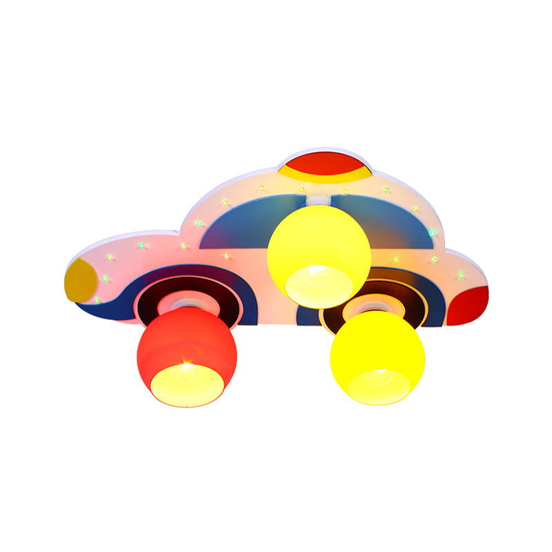 Cartoon Car Ceiling Lamp For Child’s Bedroom - 3 Glass Head Design Multi-Color Flush Mount Light