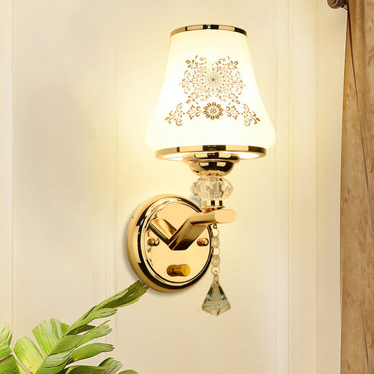 Gold Wall Light With Crystal Accent And White Tapered Glass Shade