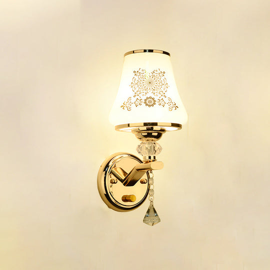 Gold Wall Light With Crystal Accent And White Tapered Glass Shade
