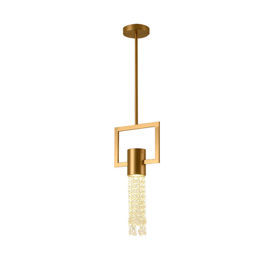 Brass Rectangle Pendant Metal Lamp With Crystal Fringe - 1-Light Bedside Hanging