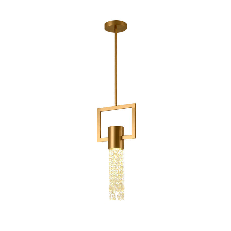 Postmodern Metal Bedside Hanging Lamp With Crystal Fringe - Brass Rectangle Pendant 1-Light