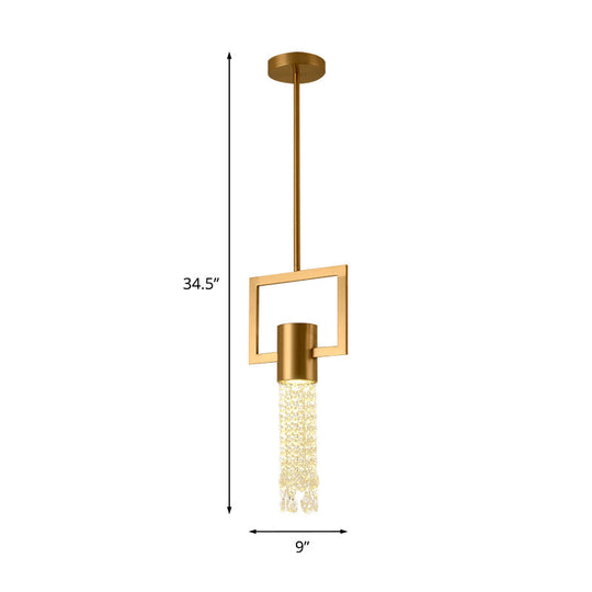 Brass Rectangle Pendant Metal Lamp With Crystal Fringe - 1-Light Bedside Hanging