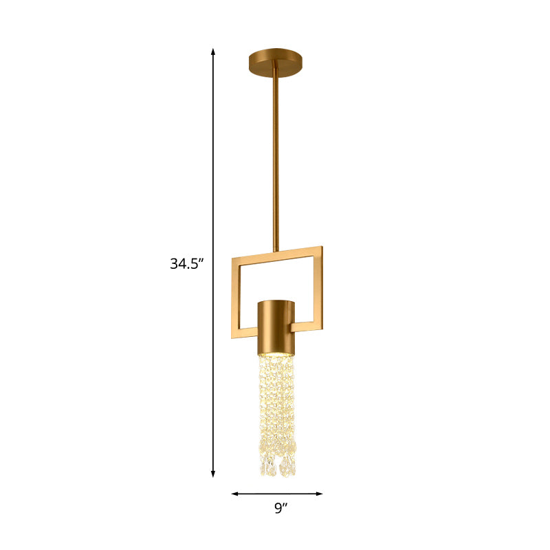 Postmodern Metal Bedside Hanging Lamp With Crystal Fringe - Brass Rectangle Pendant 1-Light