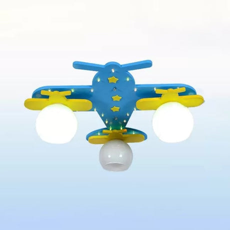Kindergarten Ceiling Light: Cartoon Wood Flush Mount Propeller Plane Fixture - Blue (3 Bulbs)