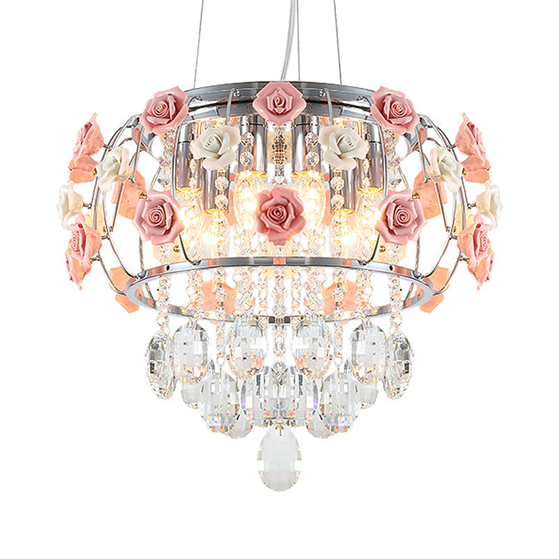 Modern Chrome Drum Cage Pendant Chandelier With 6 Bulbs And Pink Rose Crystal Drape – Dining