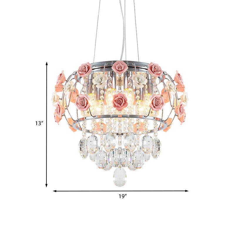 Modern Chrome Drum Cage Pendant Chandelier With 6 Bulbs And Pink Rose Crystal Drape – Dining