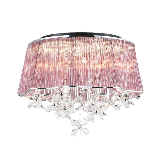 Modernist Pink Crystal Rods Ceiling Lamp With Scalloped Drum Shade 3-Light Flush Mount
