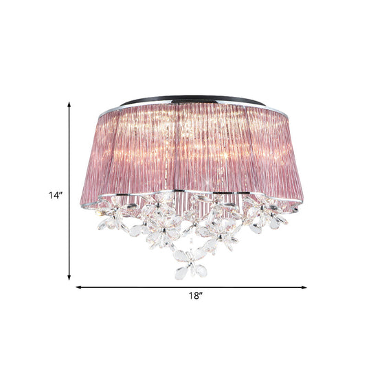 Modernist Pink Crystal Rods Ceiling Lamp With Scalloped Drum Shade 3-Light Flush Mount