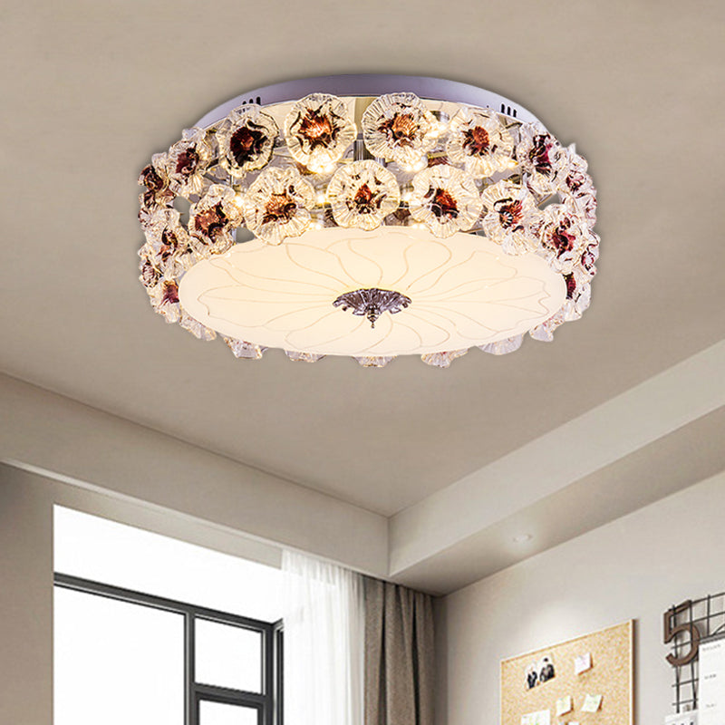Purple/White Led Flush Light Ceiling Lamp With Crystal Flower Accents