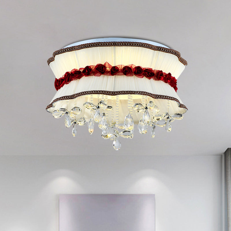 Modern Pleated Fabric Bouquet Flush Mount Led Ceiling Light In Beige With Red Rose Accent And