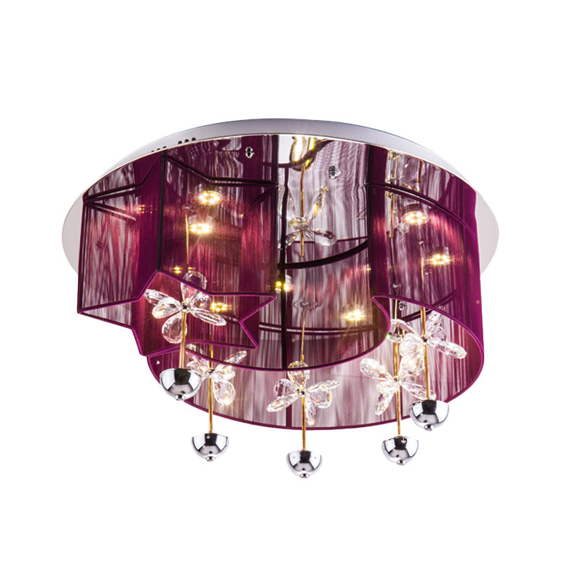 Modern Led Flushmount Ceiling Light With Crystal Decor - Red/Silver Fabric Crescent And Star Design