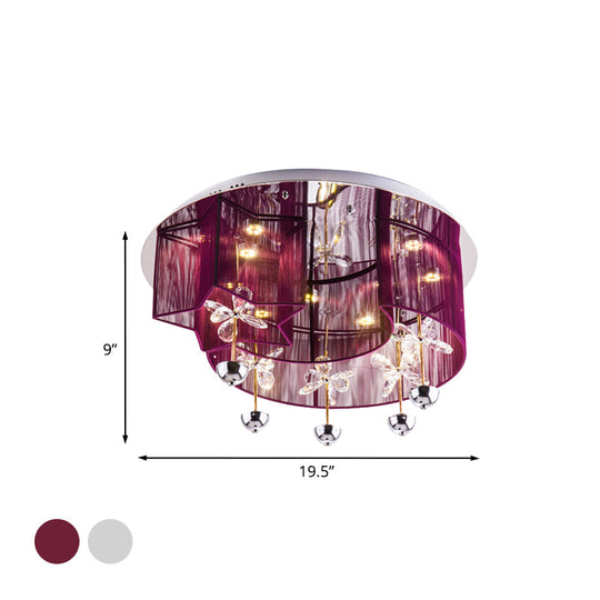 Modern Led Flushmount Ceiling Light With Crystal Decor - Red/Silver Fabric Crescent And Star Design