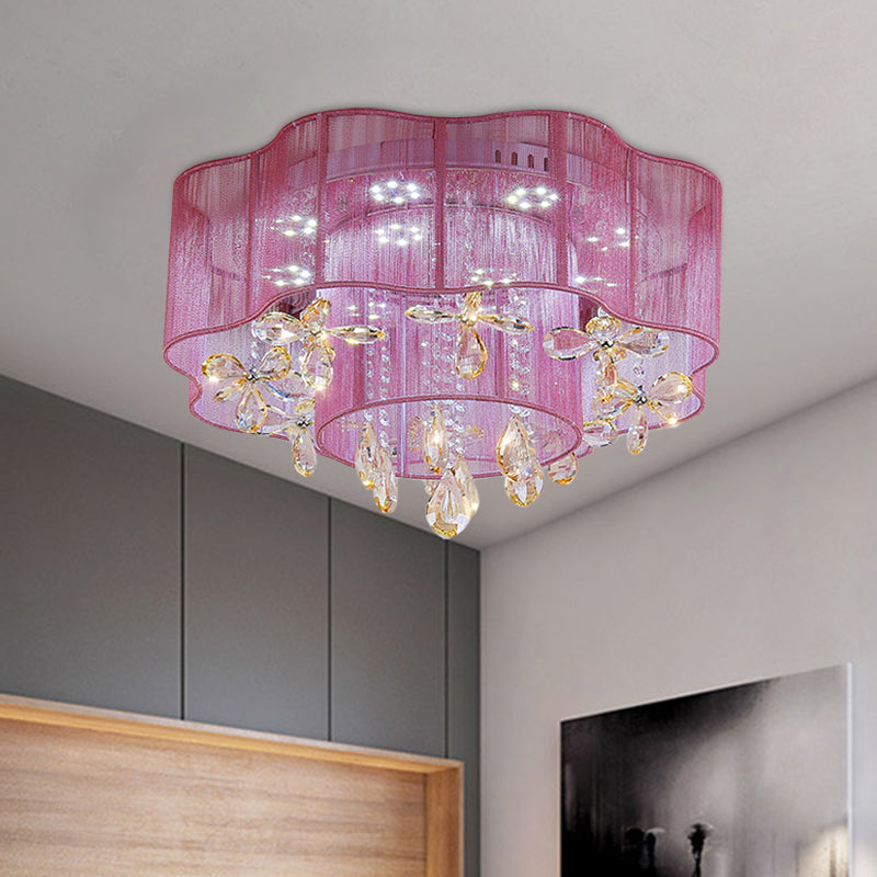 Led Flower Ceiling Light With Crystal Drops - Gold/Pink Modern 2-Layer Fabric Mount
