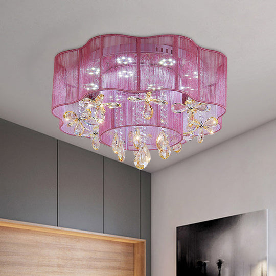 Led Flower Ceiling Light With Crystal Drops - Gold/Pink Modern 2-Layer Fabric Mount