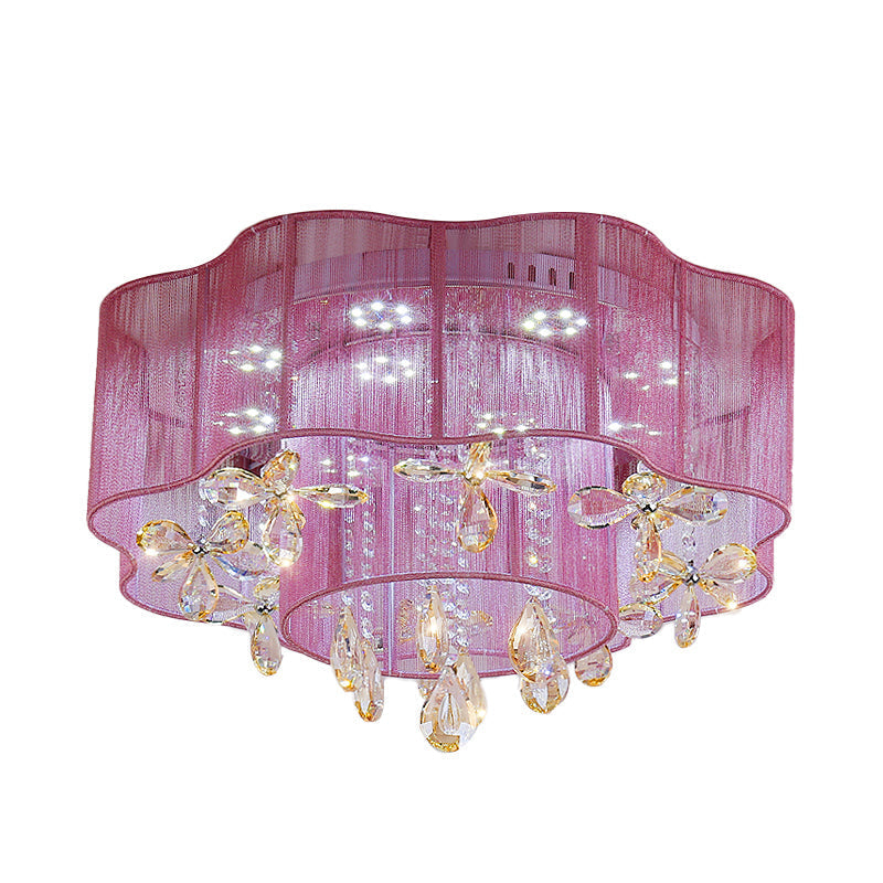 Led Flower Ceiling Light With Crystal Drops - Gold/Pink Modern 2 - Layer Fabric Mount