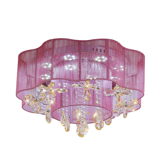Led Flower Ceiling Light With Crystal Drops - Gold/Pink Modern 2-Layer Fabric Mount