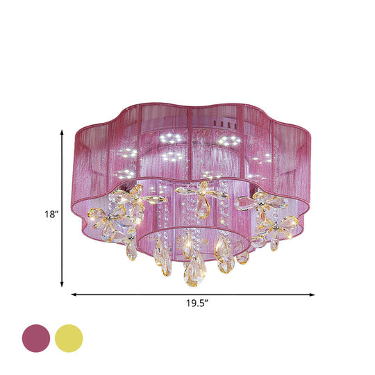 Led Flower Ceiling Light With Crystal Drops - Gold/Pink Modern 2-Layer Fabric Mount