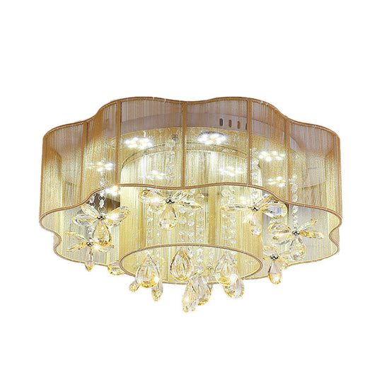 Led Flower Ceiling Light With Crystal Drops - Gold/Pink Modern 2 - Layer Fabric Mount