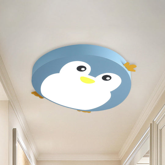 Cartoon Penguin Led Ceiling Light Fixture In Blue/Pink - Flush Mount For Kids’ Bedrooms