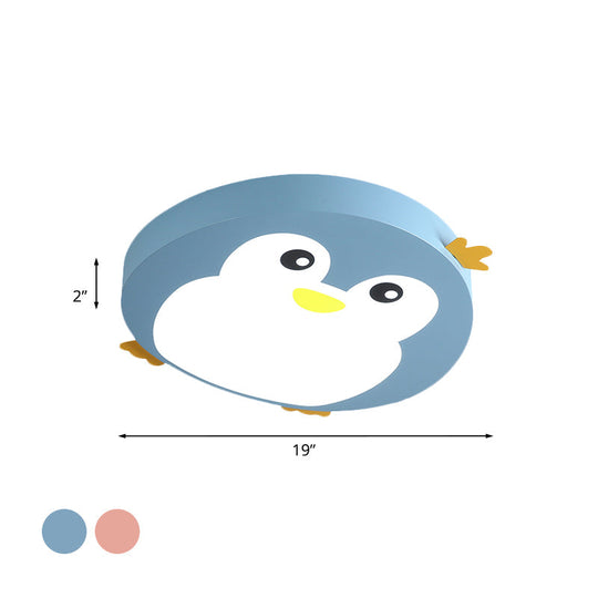 Cartoon Penguin Led Ceiling Light Fixture In Blue/Pink - Flush Mount For Kids’ Bedrooms