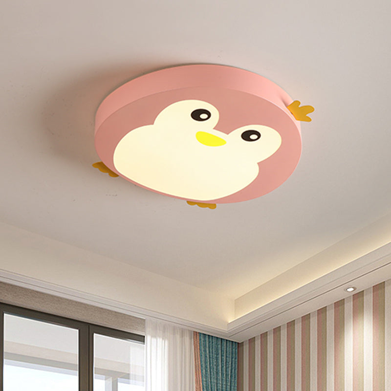 Cartoon Penguin Led Ceiling Light Fixture In Blue/Pink - Flush Mount For Kids’ Bedrooms