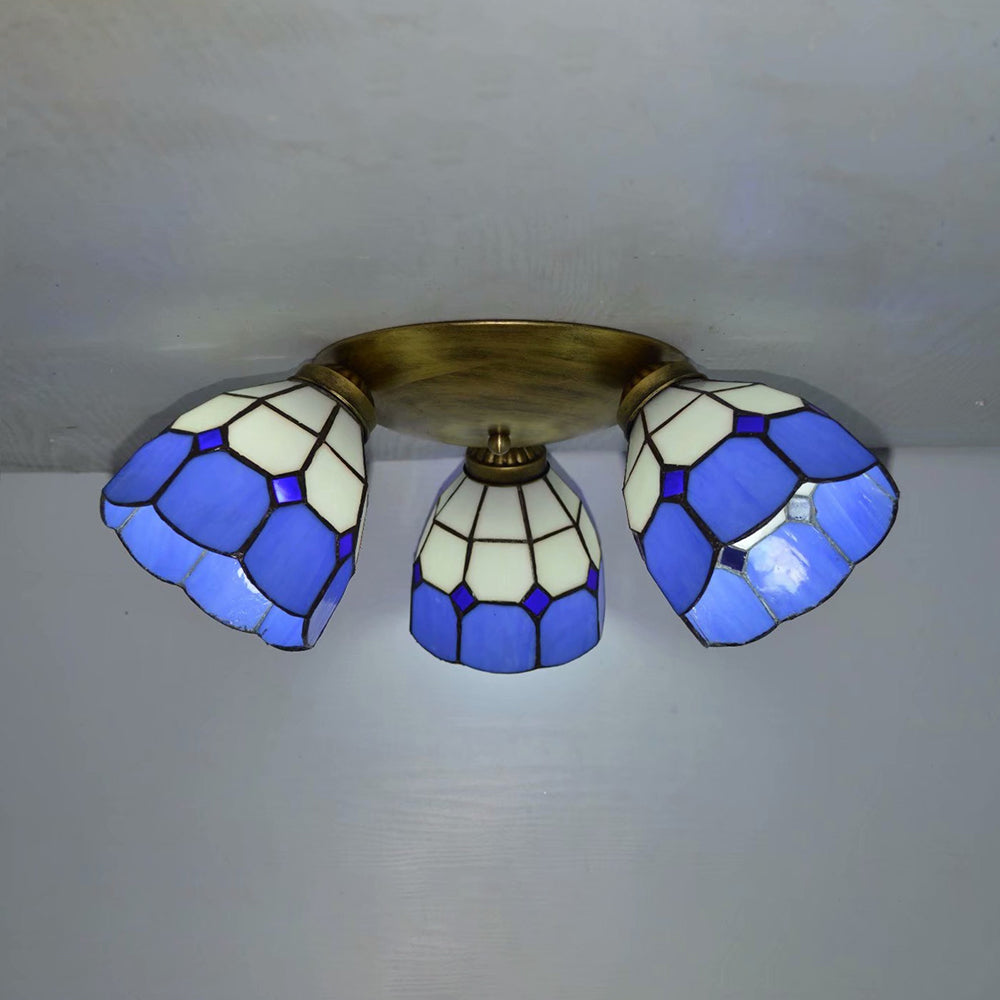 Tiffany Dome Stained Glass Ceiling Fixture With 3 Lights - Flush Mount Light In Colorful Hues