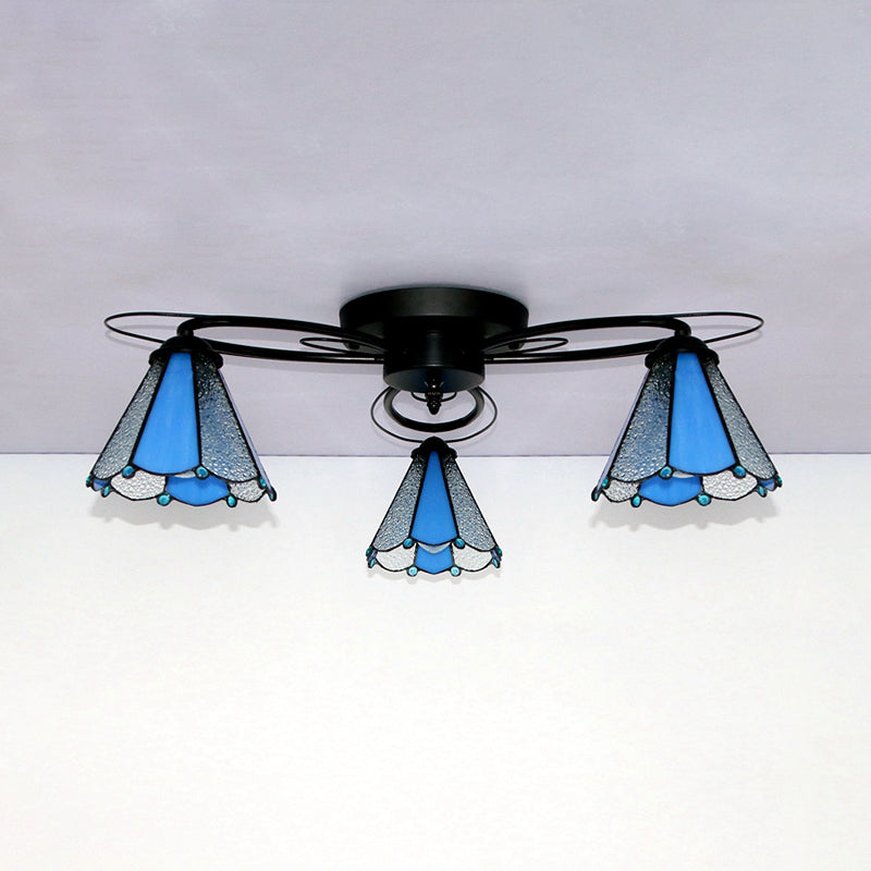 Retro Geometric Flushmount Ceiling Light With Stained Glass - White/Sky Blue/Clear/Dark Blue