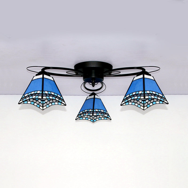 Retro Geometric Flushmount Ceiling Light With Stained Glass - White/Sky Blue/Clear/Dark Blue
