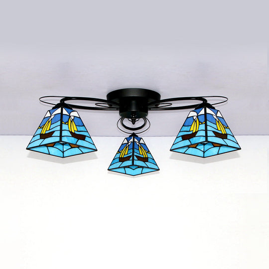 Retro Geometric Flushmount Ceiling Light With Stained Glass - White/Sky Blue/Clear/Dark Blue