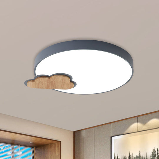 Circle Flush Macaron Led Ceiling Light With Grey/Green Finish And Cloud Wood Detail - White/Warm