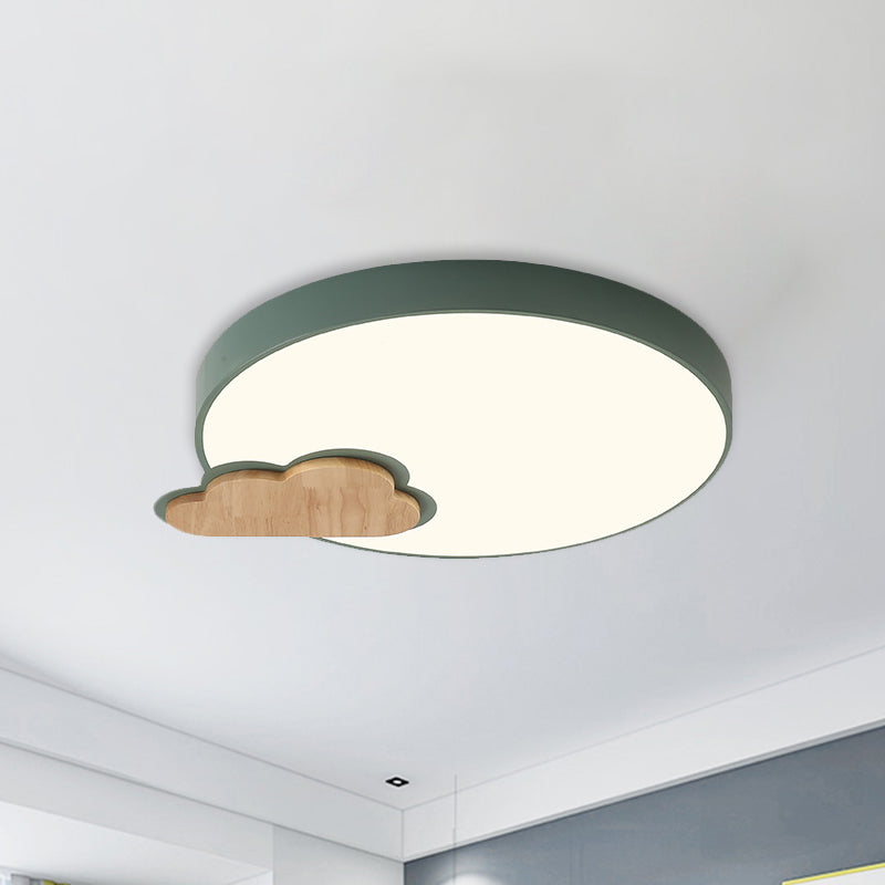 Circle Flush Macaron Led Ceiling Light With Grey/Green Finish And Cloud Wood Detail - White/Warm