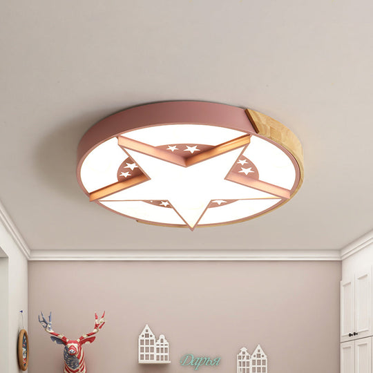 Round Metal Led Macaron Flush Mount Ceiling Light In White/Pink/Blue And Wood For Star - Themed