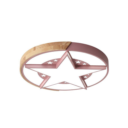 Round Metal Led Macaron Flush Mount Ceiling Light In White/Pink/Blue And Wood For Star-Themed