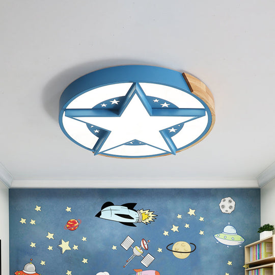 Round Metal Led Macaron Flush Mount Ceiling Light In White/Pink/Blue And Wood For Star-Themed
