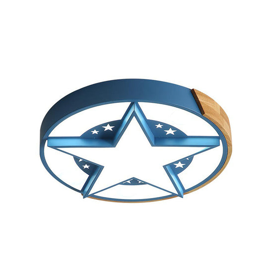Round Metal Led Macaron Flush Mount Ceiling Light In White/Pink/Blue And Wood For Star-Themed
