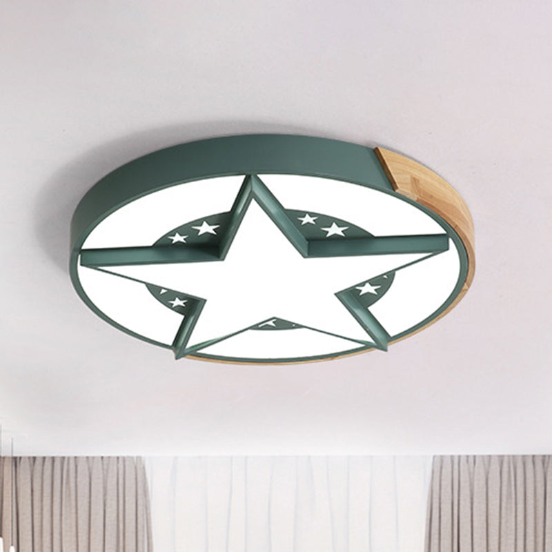 Round Metal Led Macaron Flush Mount Ceiling Light In White/Pink/Blue And Wood For Star-Themed