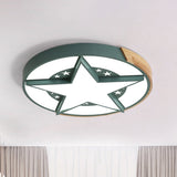 Round Metal Led Macaron Flush Mount Ceiling Light In White/Pink/Blue And Wood For Star-Themed