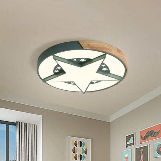 Round Metal Led Macaron Flush Mount Ceiling Light In White/Pink/Blue And Wood For Star - Themed