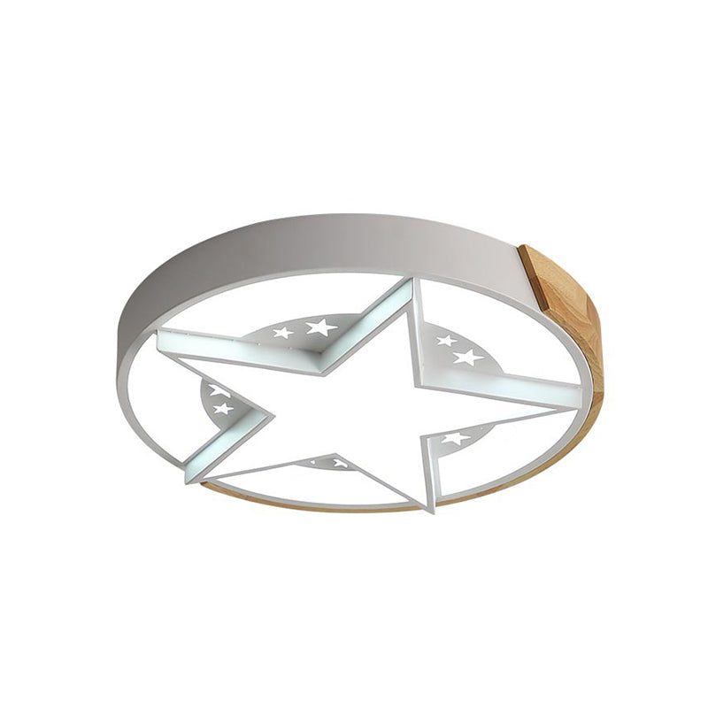 Round Metal Led Macaron Flush Mount Ceiling Light In White/Pink/Blue And Wood For Star - Themed